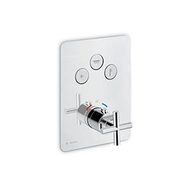 Miscelatore termostatico ad incasso a tre uscite, con comando per la regolazione della temperatura e tre pulsanti deviatori ON/OFF.