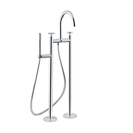 Bathgroup with floor pillar unions, automatic diverter, LL. 150 cm flexible and hand shower.