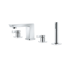 Complete set of: deck mounted mixer, spout, diverter and complete shower set