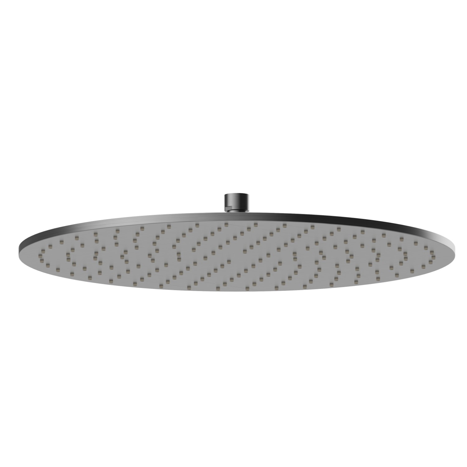 Soffione ispezionabile tondo, con getto a pioggia.
H. 8 mm. ø 400 mm. - finitura PVD Brushed Gun Metal