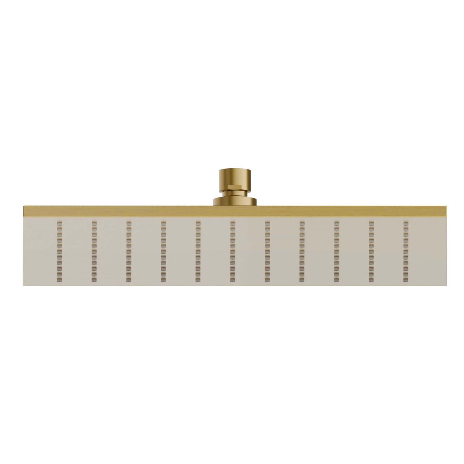 Douche de tête carrée avec jet pluie.
H. 8 mm. - 300x300 mm - finition PVD Brushed Gold
