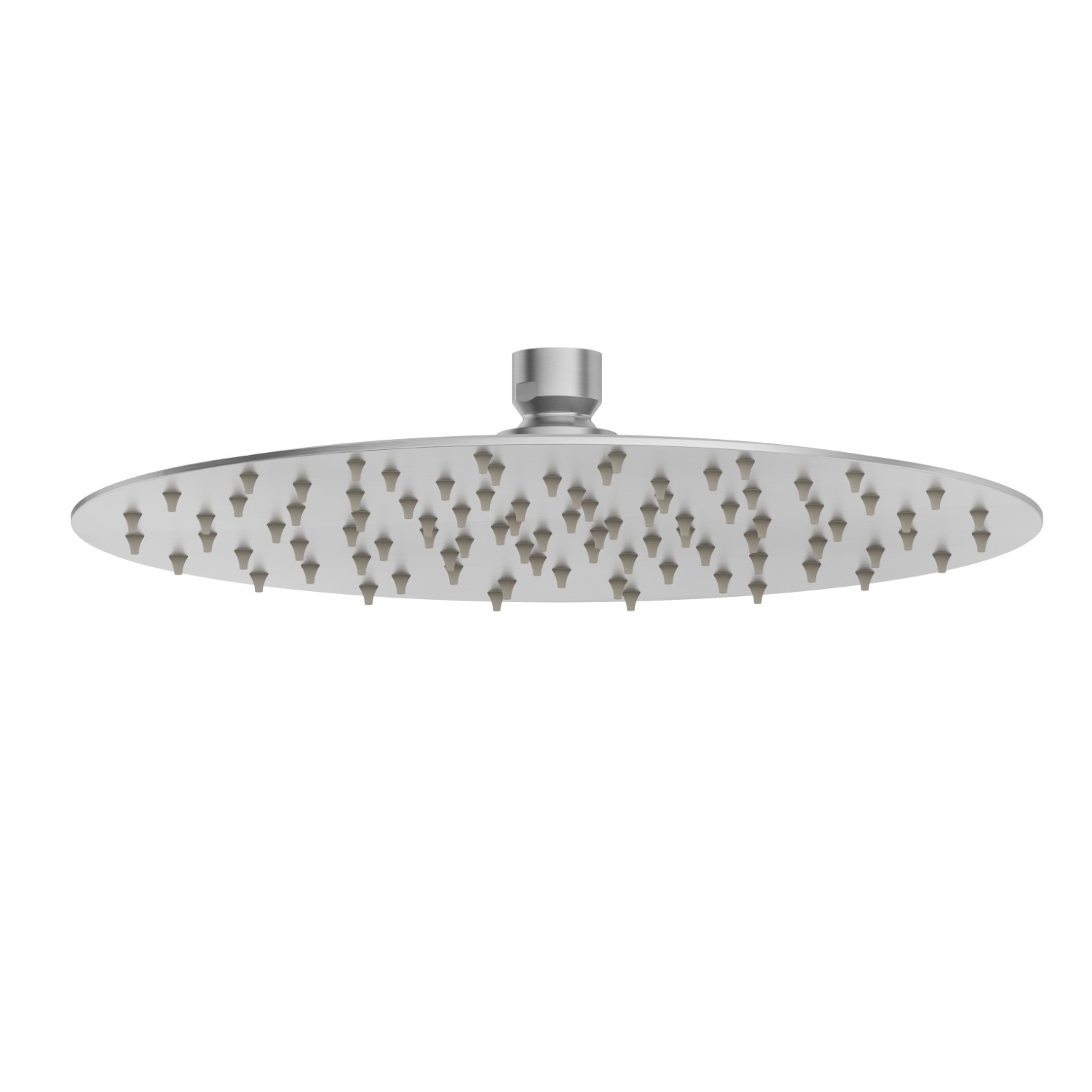 Soffione in acciaio inox, getto a pioggia.
H. 2 mm. ø 250 mm. - finitura Acciaio Inox