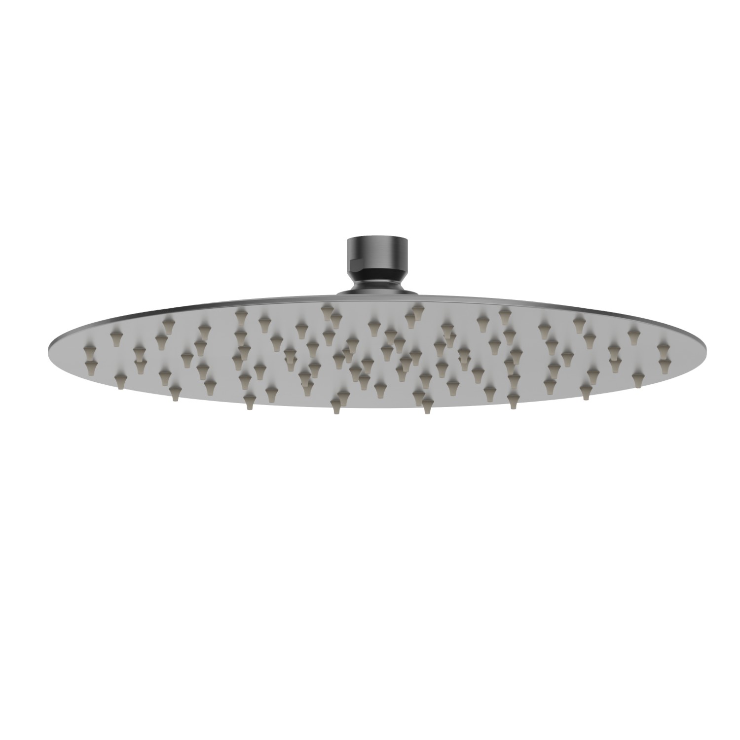 Soffione in acciaio inox, getto a pioggia.
H. 2 mm. ø 250 mm. - finitura PVD Brushed Gun Metal