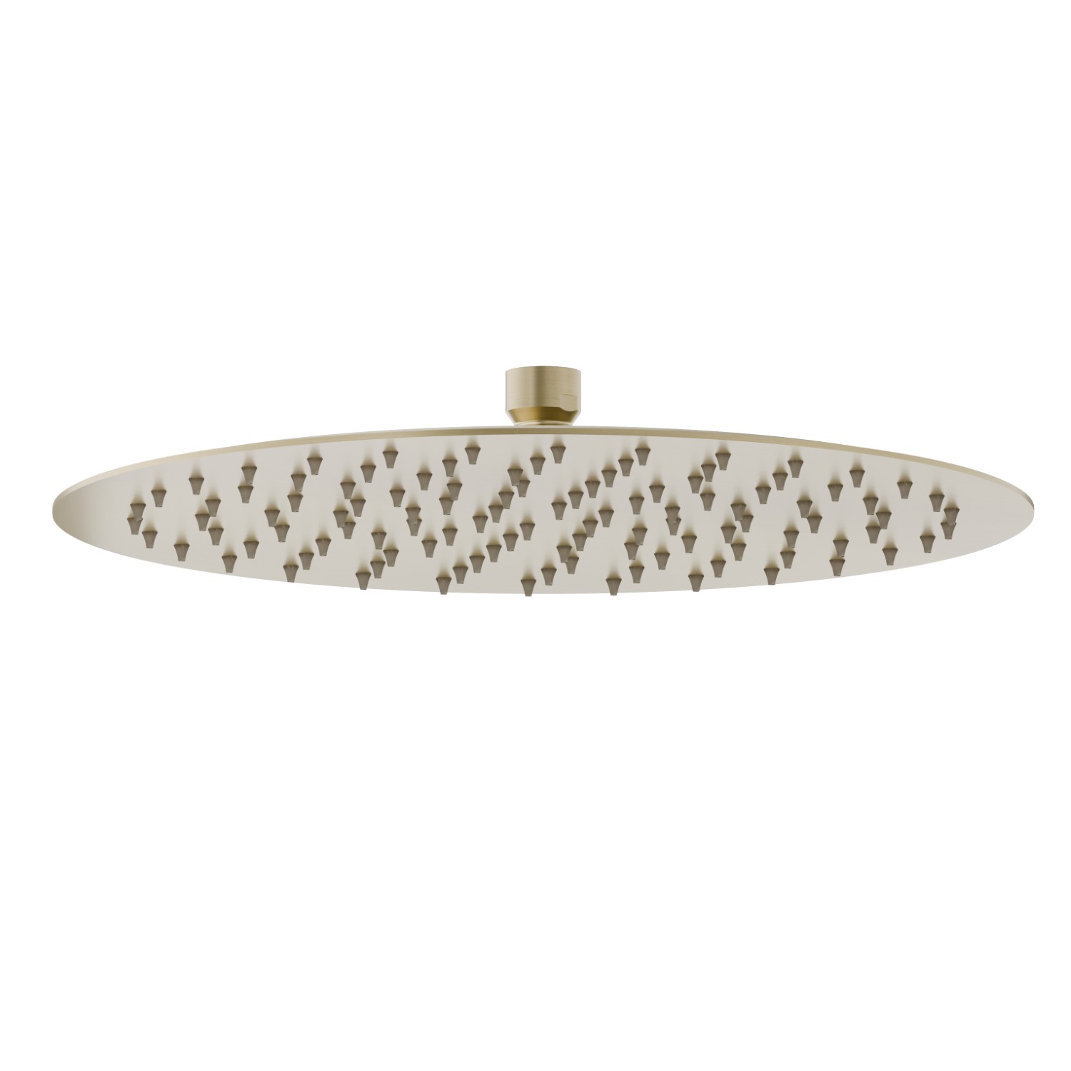 Soffione tondo con getto a pioggia.
H. 2 mm. ø 300 mm. - finitura PVD Brushed Pale Gold