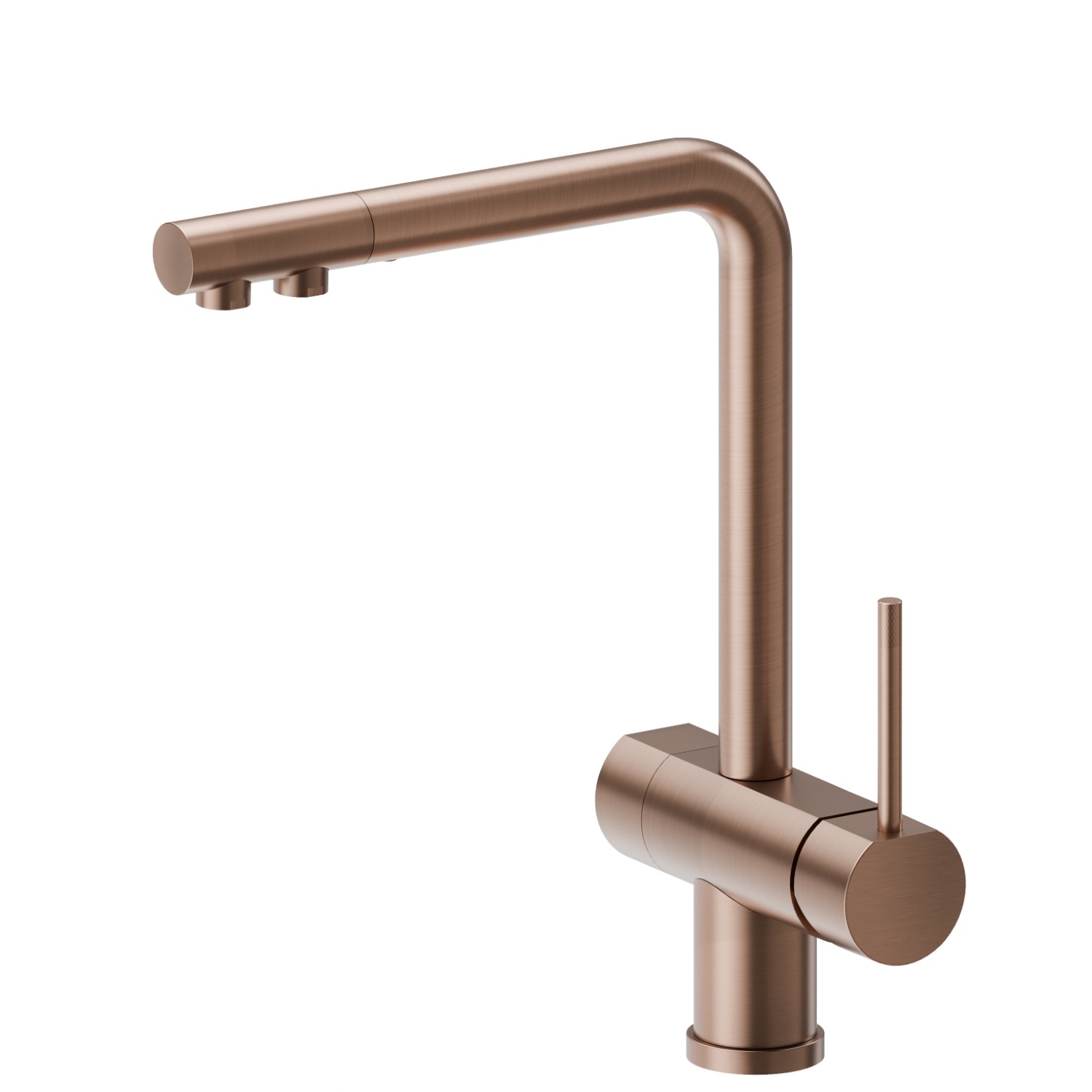 Einhebel-Spültischmischer mit schwenkbarem L-Auslauf mit doppeltem Wasserauslauf
für gereinigtes Wasser. Inklusive Filterkartusche AQA drink AC 100 - oberfläche PVD  Copper Bronze gebürstet