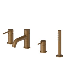 4-hole complete set of deck-mounted mixer, spout, diverter and hand shower set - finish Groove Bronze