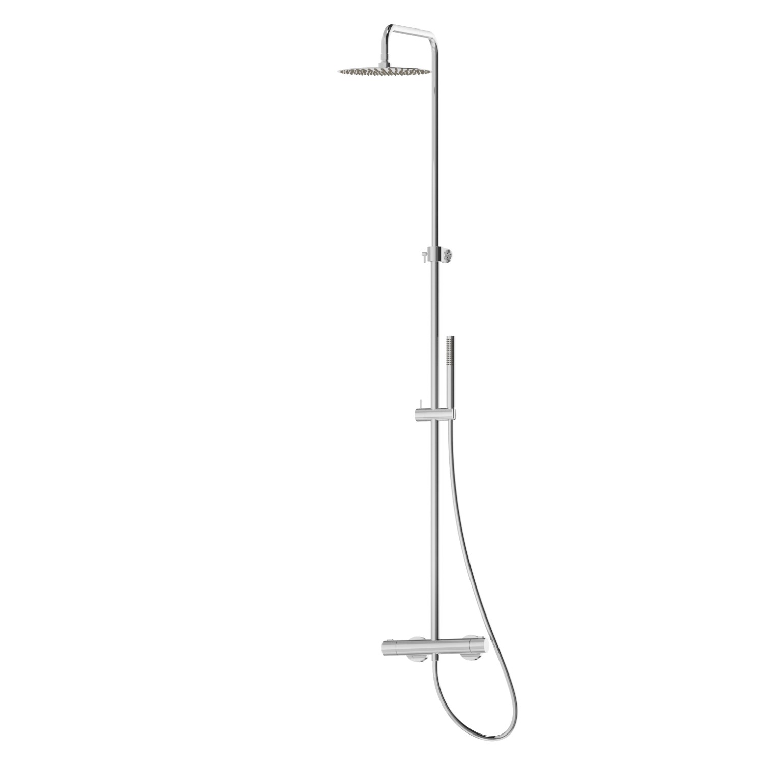 Colonna doccia telescopica con miscelatore termostatico esterno completo
di deviatore, soffione in acciaio e doccetta monogetto in ottone. TONDA. - finitura Cromo