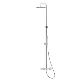 Colonna doccia telescopica con miscelatore termostatico esterno completo
di deviatore, soffione in acciaio e doccetta monogetto in ottone. TONDA. - finitura Cromo