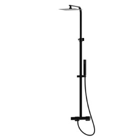 Telescopic shower column with exposed thermostatic mixer complete of diverter, stainless steel head shower and ABS single-jet hand shower set. SQUARE - finish Matt Black