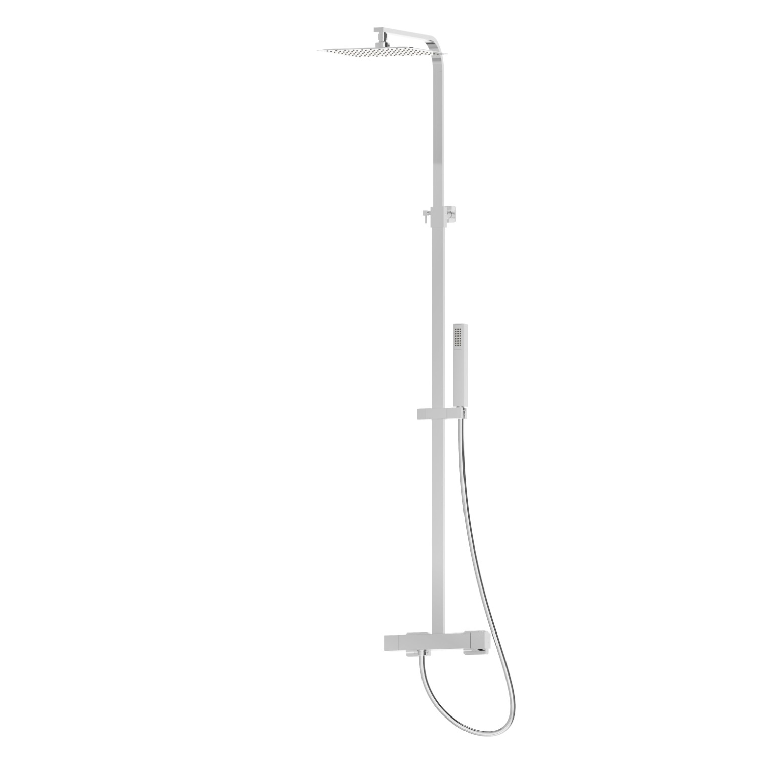Colonna doccia telescopica con miscelatore termostatico esterno completo
di deviatore, soffione in acciaio e doccetta monogetto in ABS. QUADRA - finitura Cromo
