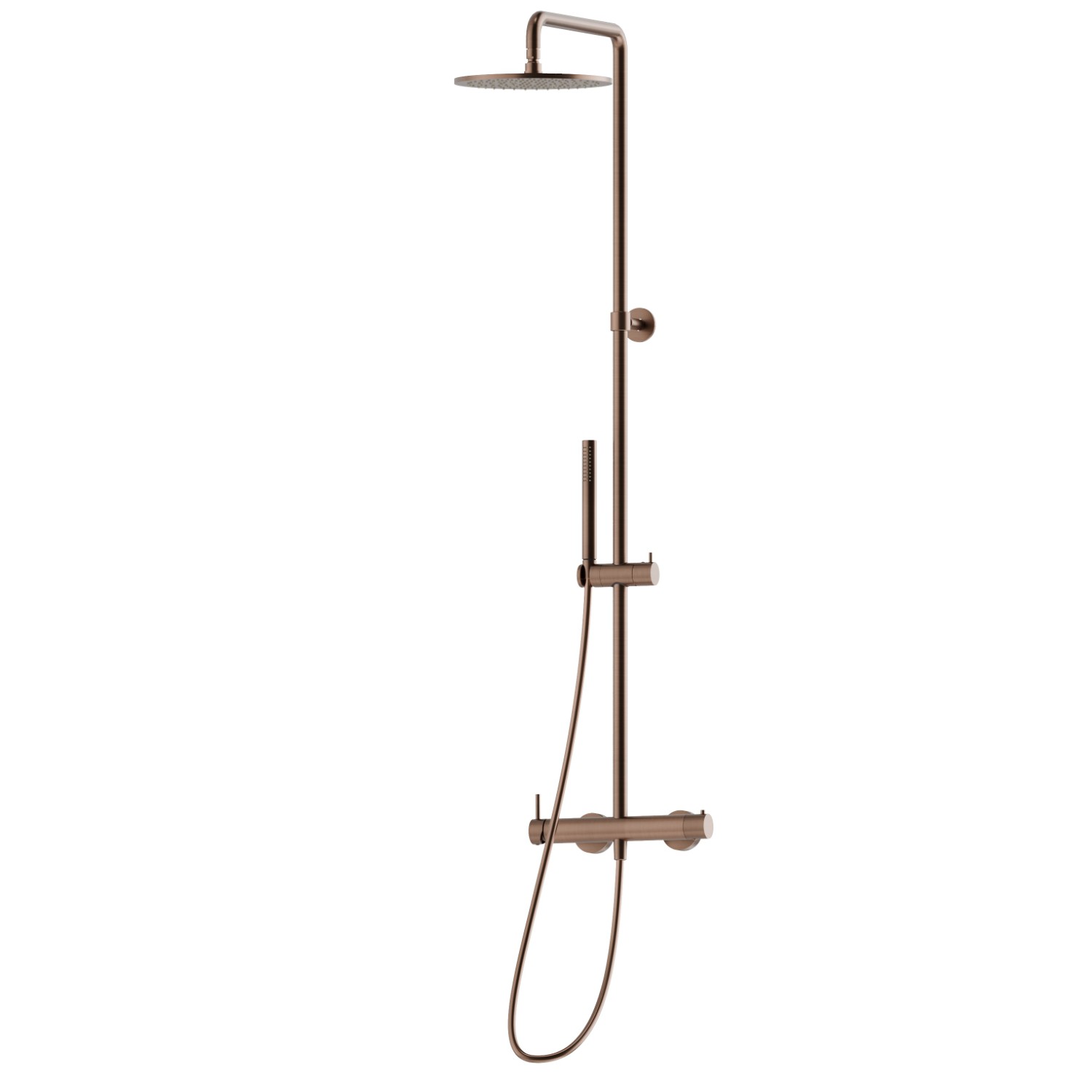 Colonne de douche murale corps froid avec mitigeur mécanique dotée d’un inverseur, ciel de pluie et douchette - finition PVD Brushed Copper Bronze