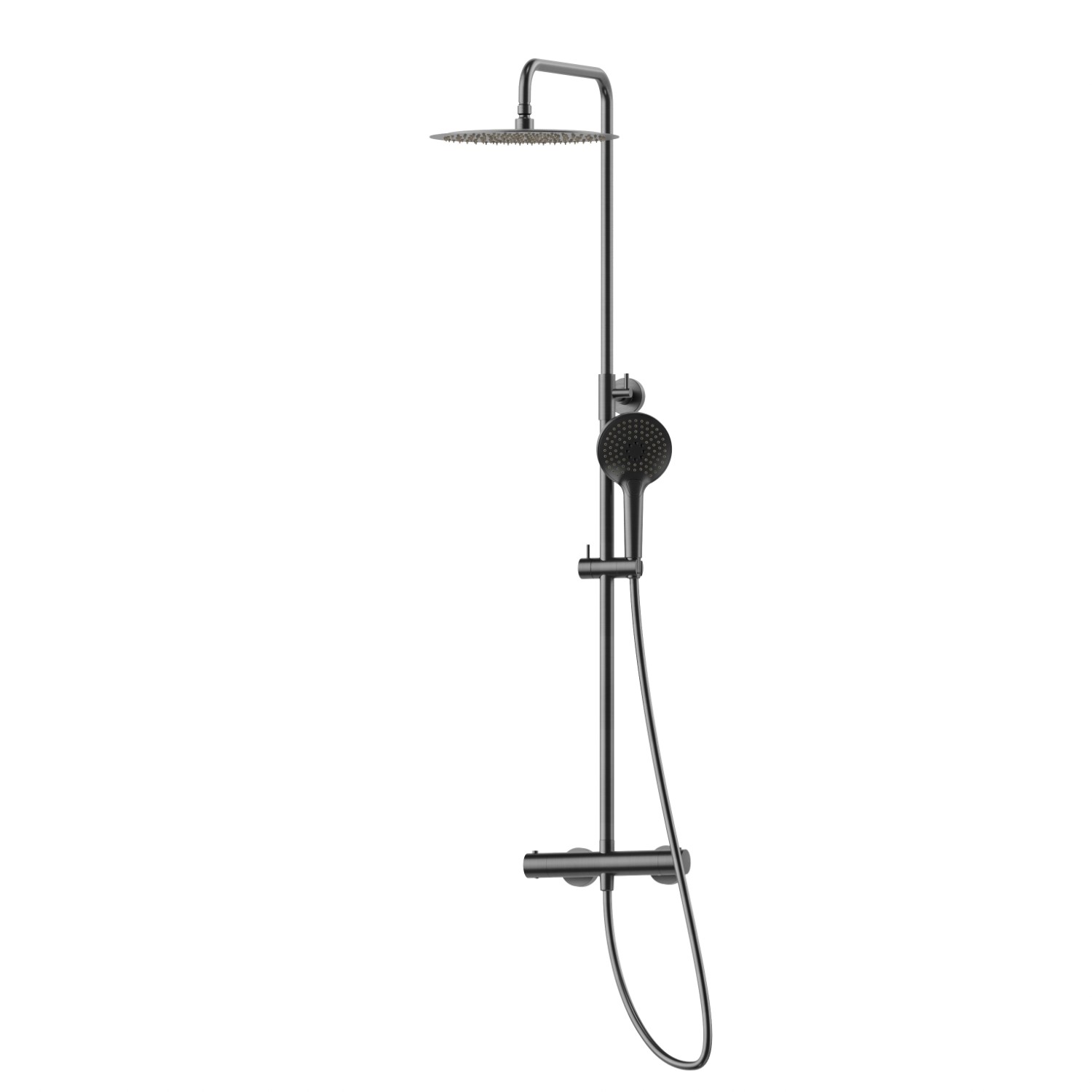 Colonne de douche télescopique avec mitigeur thermostatique externe doté de déviateur, ciel de pluie en acier et douchette en ABS à 3 jets - finition PVD Brushed Gun Metal