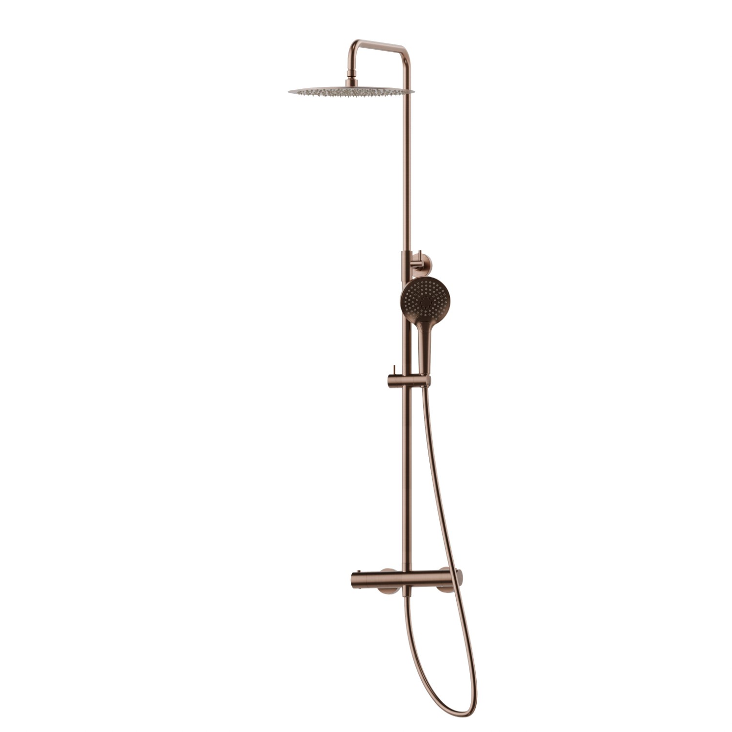 Colonne de douche télescopique avec mitigeur thermostatique externe doté de déviateur, ciel de pluie en acier et douchette en ABS à 3 jets - finition PVD Brushed Copper Bronze