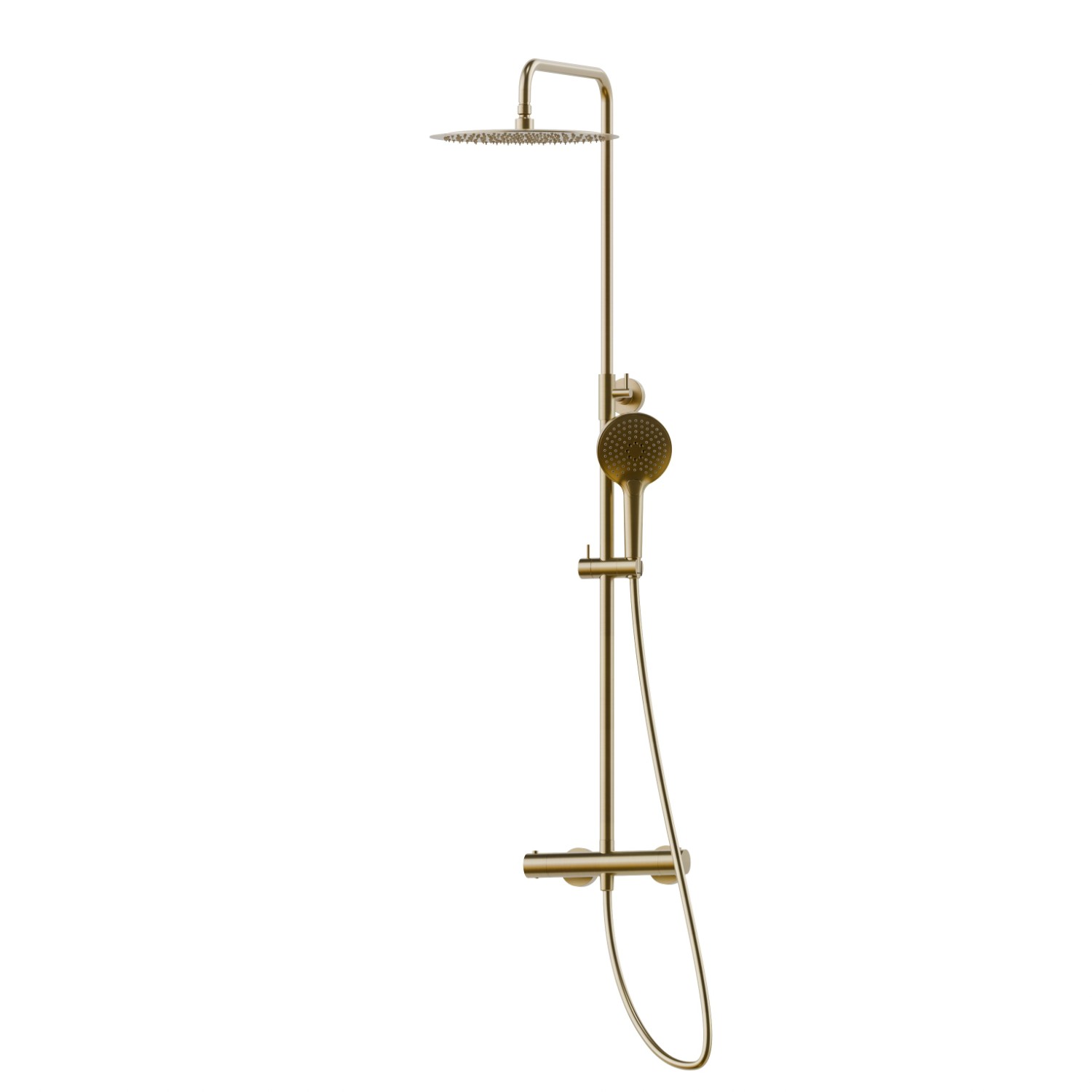 Colonne de douche télescopique avec mitigeur thermostatique externe doté de déviateur, ciel de pluie en acier et douchette en ABS à 3 jets - finition PVD Brushed Pale Gold