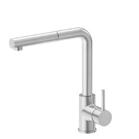 Single-lever sink mixer with L swivel spout and pull-out hand shower - finish Stainless Steel