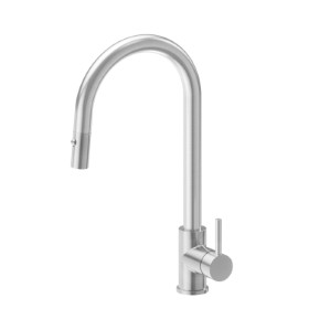 Single-lever sink mixer with round swivel spout and double-jet pull-out hand shower - finish Stainless Steel
