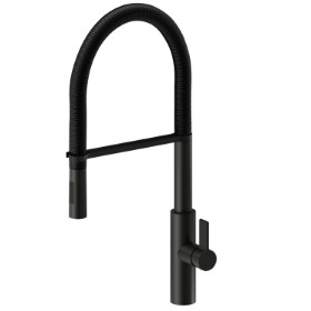 Single-lever sink mixer with L swivel spout and double-jet pull-out hand shower - finish Titanium Satin + Matt Black