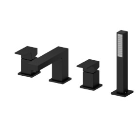 4-hole complete set of deck-mounted mixer, spout, diverter and hand shower set - finish Matt Black