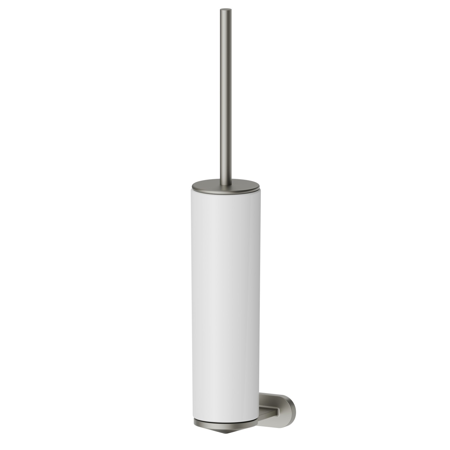 Wall-mounted toilet brush holder with brush. White ceramic - finish Titanium Satin