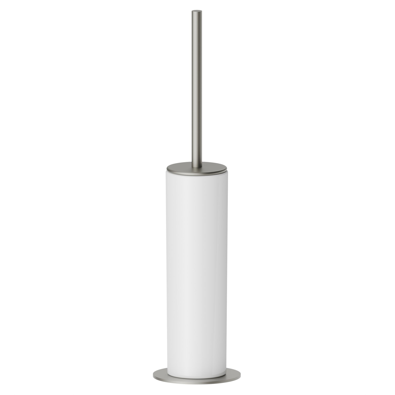 Freestanding toilet brush holder with brush. White ceramic - finish Titanium Satin