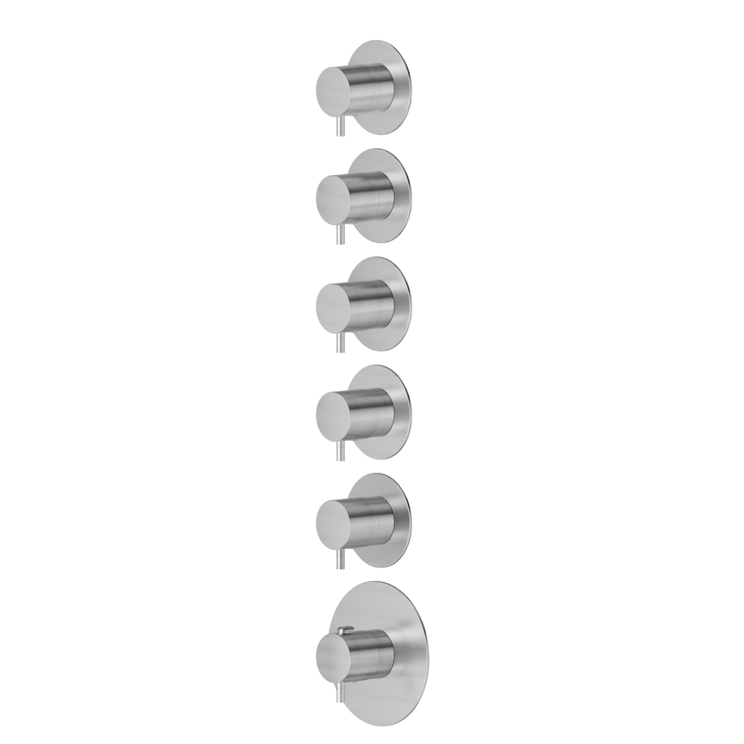 5 ways out concealed thermostatic multifunction selectors. 3/4” connections. External part. Ø70 - finish PVD Brushed steel