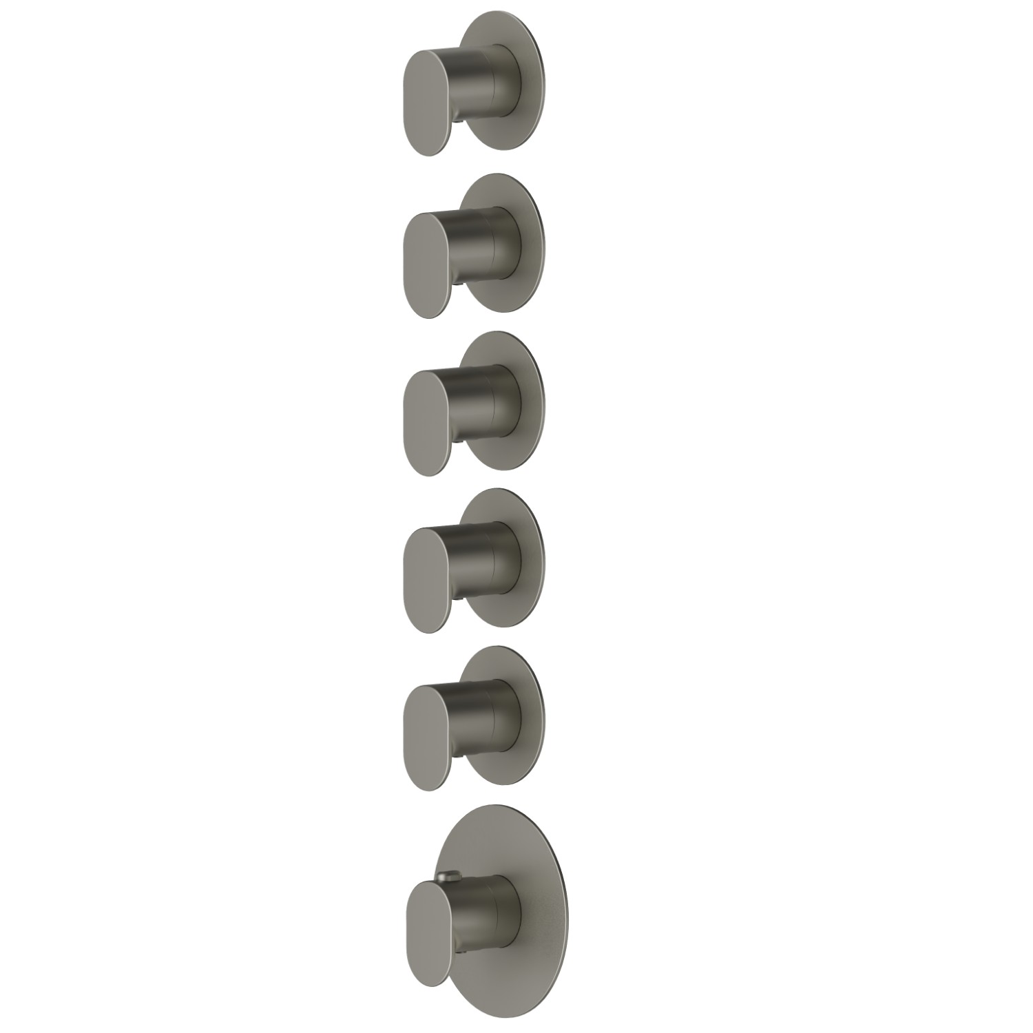 5 ways out concealed thermostatic multifunction selectors. 3/4” connections. External part. Ø70 - finish Titanium Satin