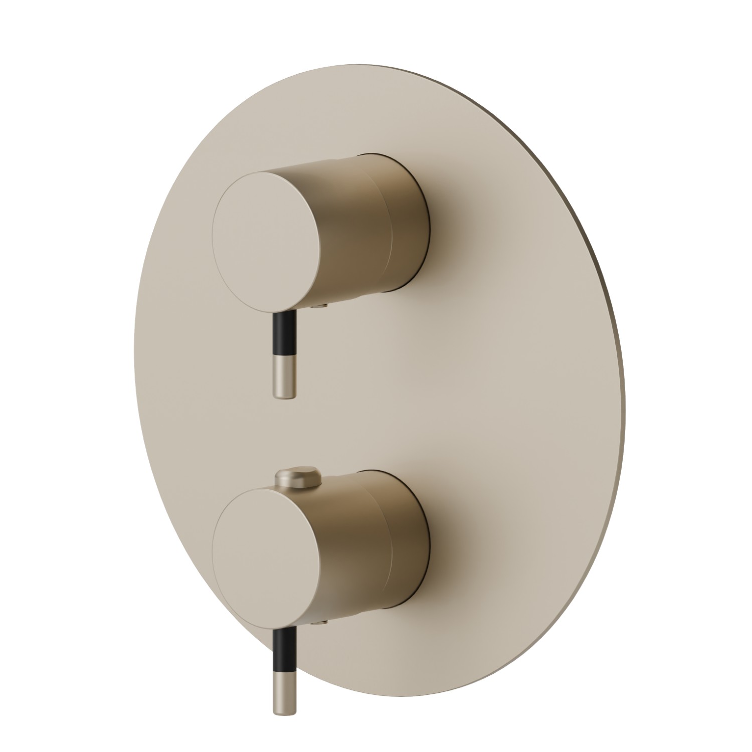 Mitigeur thermostatique à encastrer, avec commande pour le réglage de la température et inverseur 2 sorties. Façade murale - finition Gold Satin - Matt black