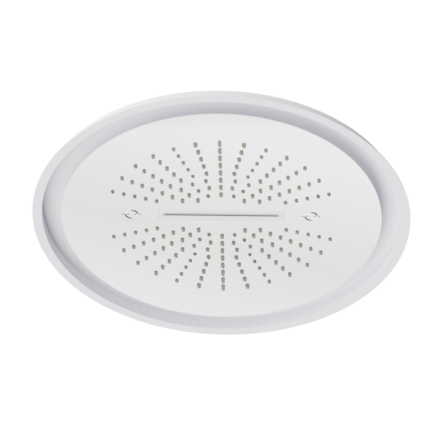 Steel round concealed head shower with raining jet, waterfall jet and multicolor lighting system.
ø 500 mm - finish Chrome + Matt white