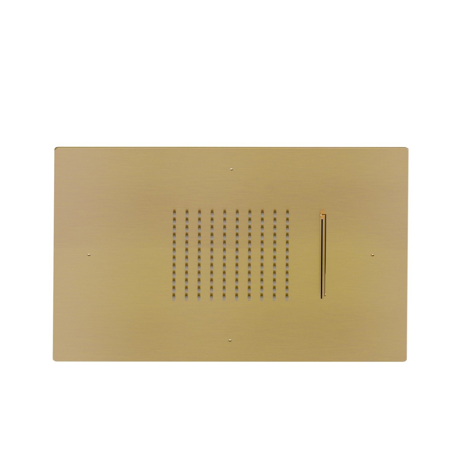 Steel squared concealed head shower with raining jet and waterfall jet. 400x400 mm - finish PVD Brushed Gold
