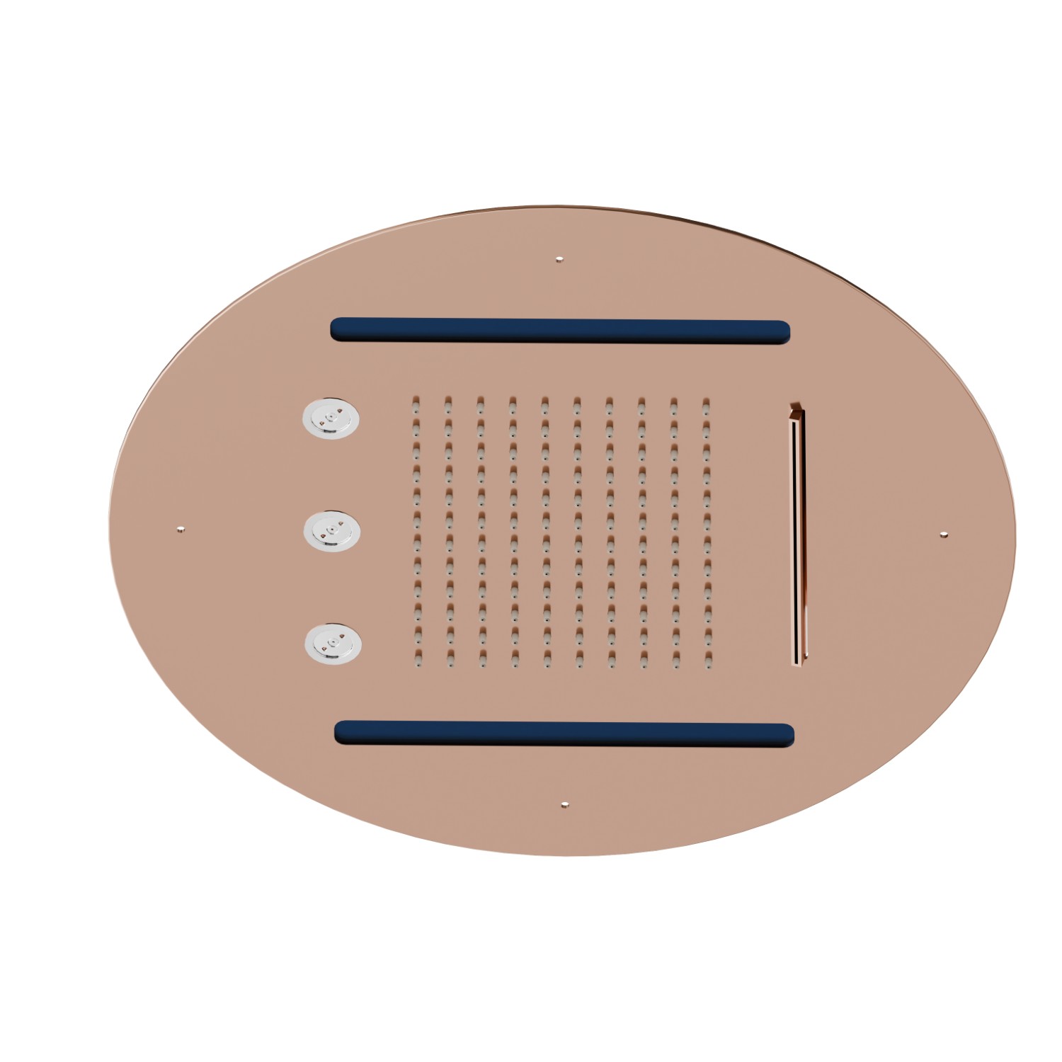 Soffione tondo ad incasso in acciaio con getto a pioggia, a cascata, atomizzatori e sistema di illuminazione multicolore automatico. Ø 400 mm. - finitura PVD Copper Bronze
