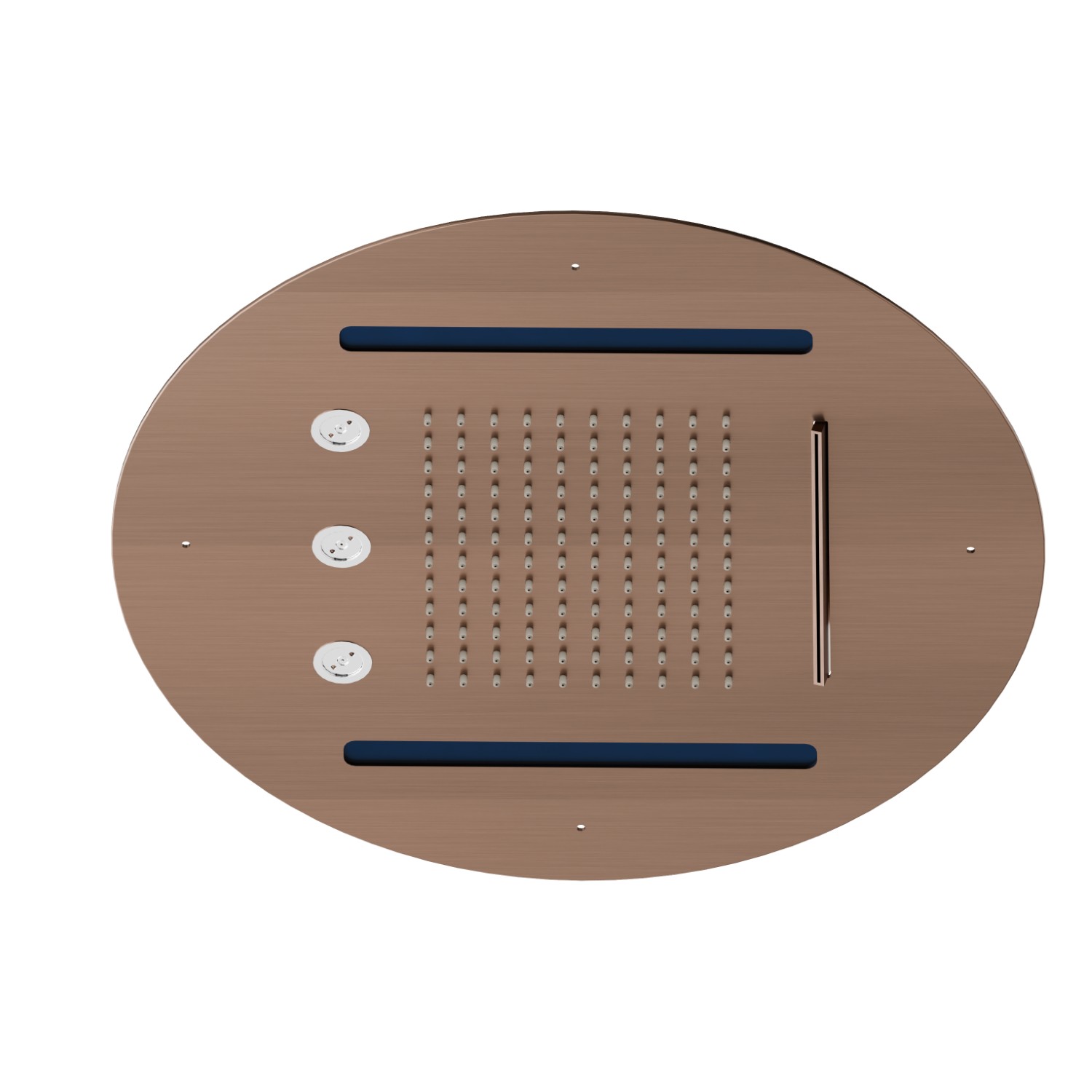 Soffione tondo ad incasso in acciaio con getto a pioggia, a cascata, atomizzatori e sistema di illuminazione multicolore automatico. Ø 400 mm. - finitura PVD Brushed Copper Bronze