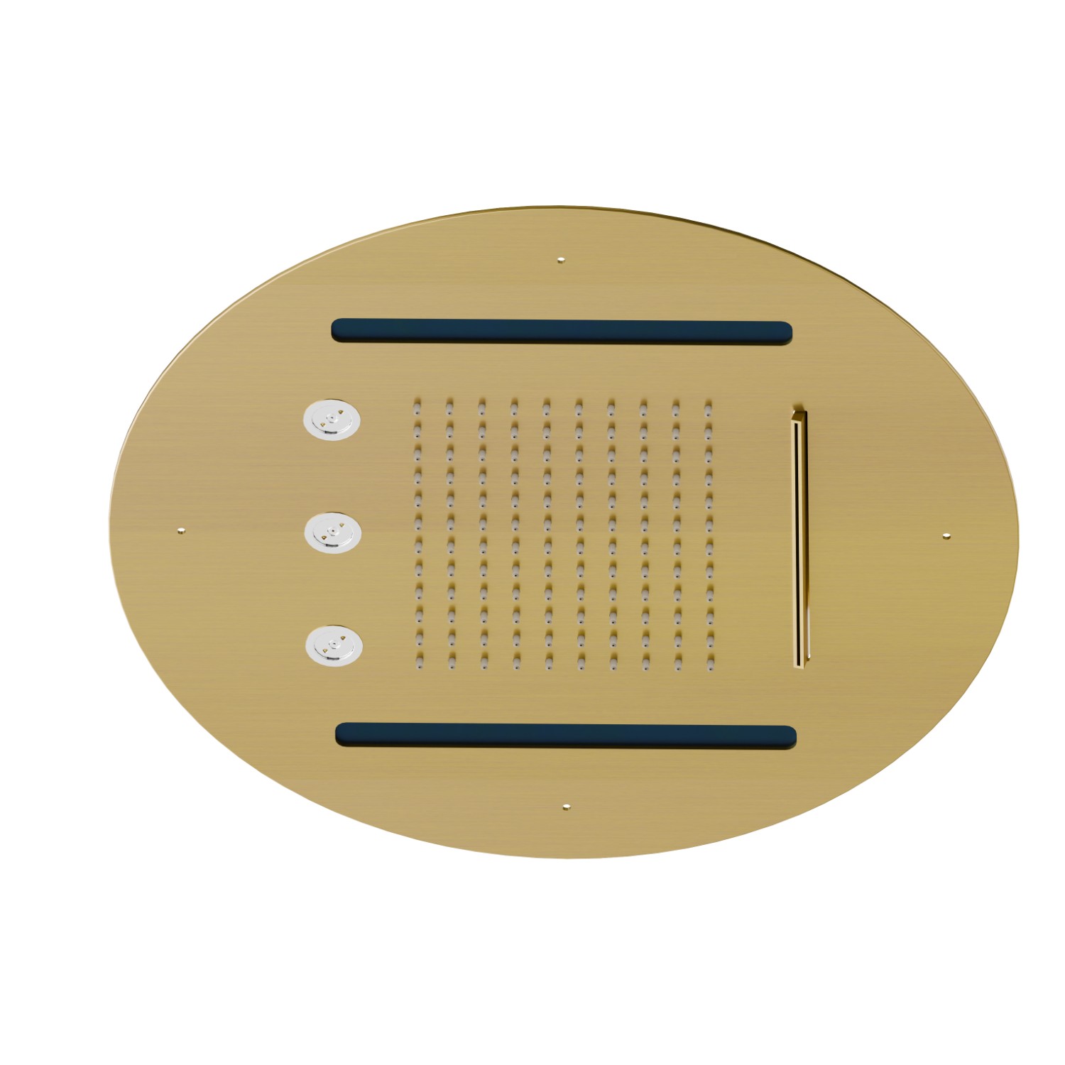 Soffione tondo ad incasso in acciaio con getto a pioggia, a cascata, atomizzatori e sistema di illuminazione multicolore automatico. Ø 400 mm. - finitura PVD Brushed Gold