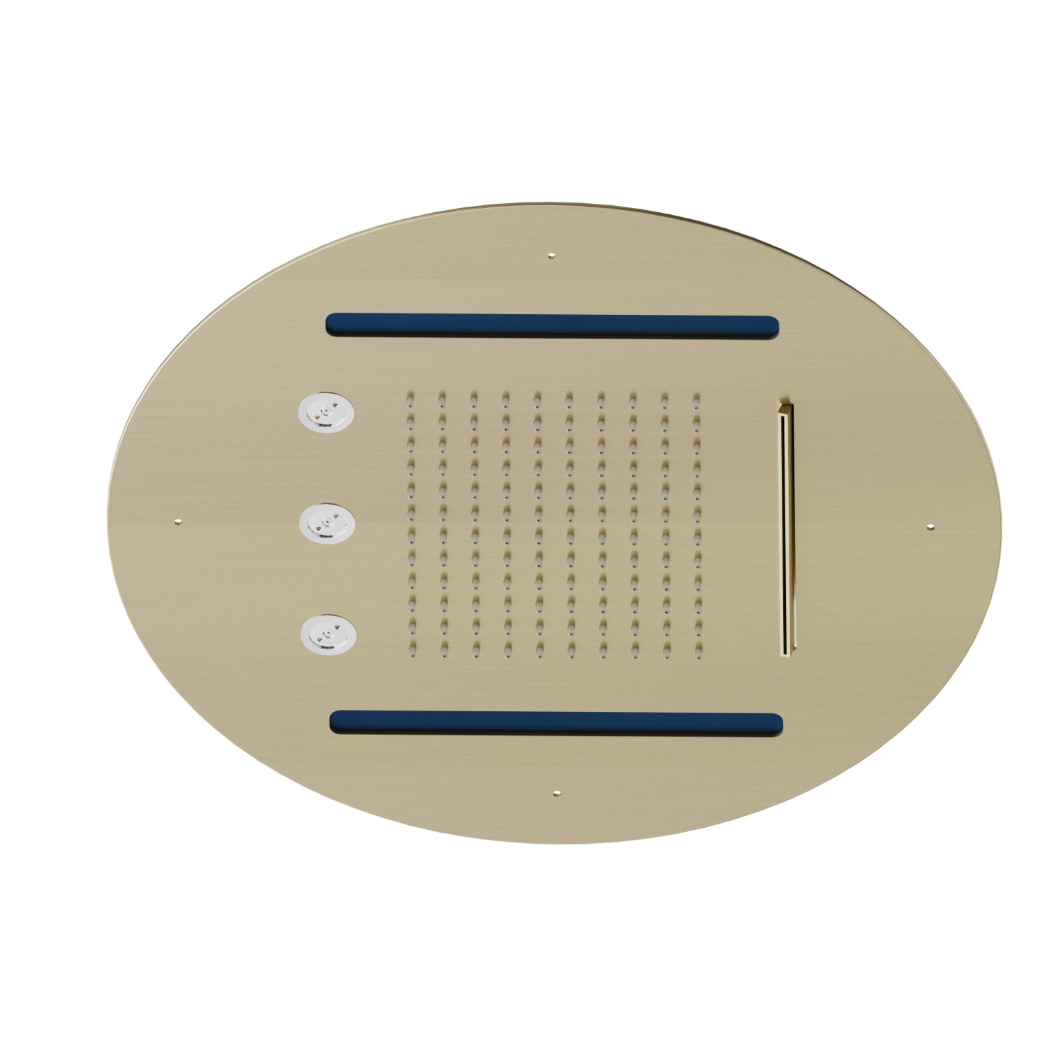 Soffione tondo ad incasso in acciaio con getto a pioggia, a cascata, atomizzatori e sistema di illuminazione multicolore automatico. Ø 400 mm. - finitura PVD Brushed Pale Gold