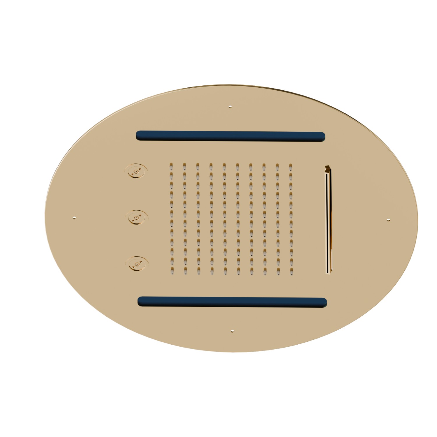 Soffione tondo ad incasso in acciaio con getto a pioggia, a cascata, atomizzatori e sistema di illuminazione multicolore automatico. Ø 400 mm. - finitura PVD Glossy Gold