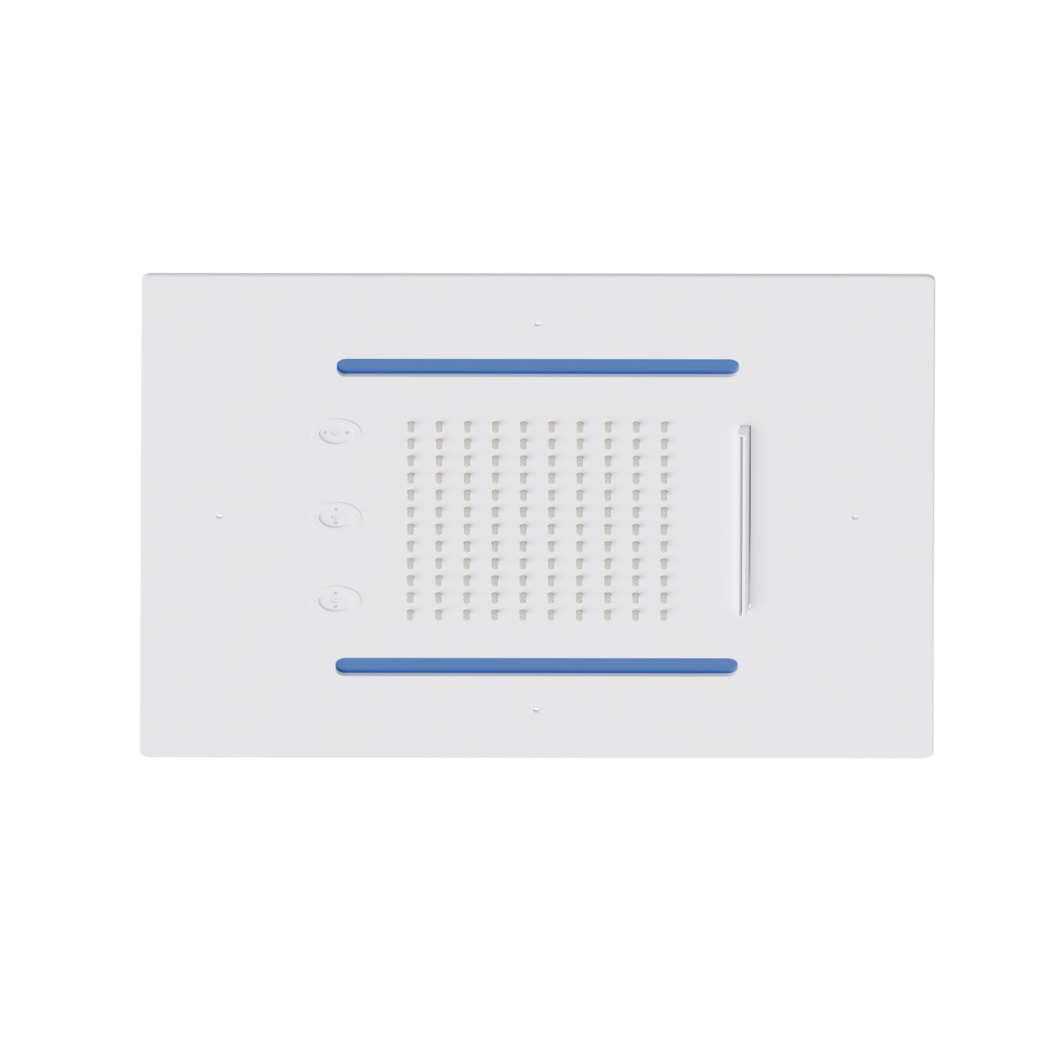 Soffione quadro ad incasso in acciaio con getto a pioggia, getto a cascata, atomizzatori e sistema di illuminazione multicolore automatico.
400x400 mm. - finitura Bianco opaco