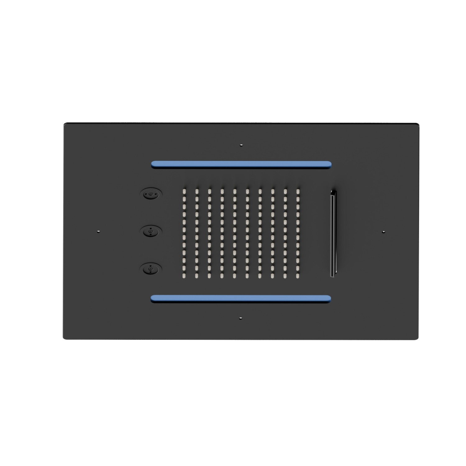 Soffione quadro ad incasso in acciaio con getto a pioggia, getto a cascata, atomizzatori e sistema di illuminazione multicolore automatico.
400x400 mm. - finitura Nero opaco