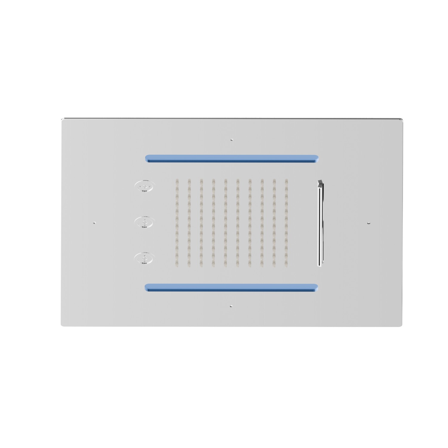 Soffione quadro ad incasso in acciaio con getto a pioggia, getto a cascata, atomizzatori e sistema di illuminazione multicolore automatico.
400x400 mm. - finitura Cromo