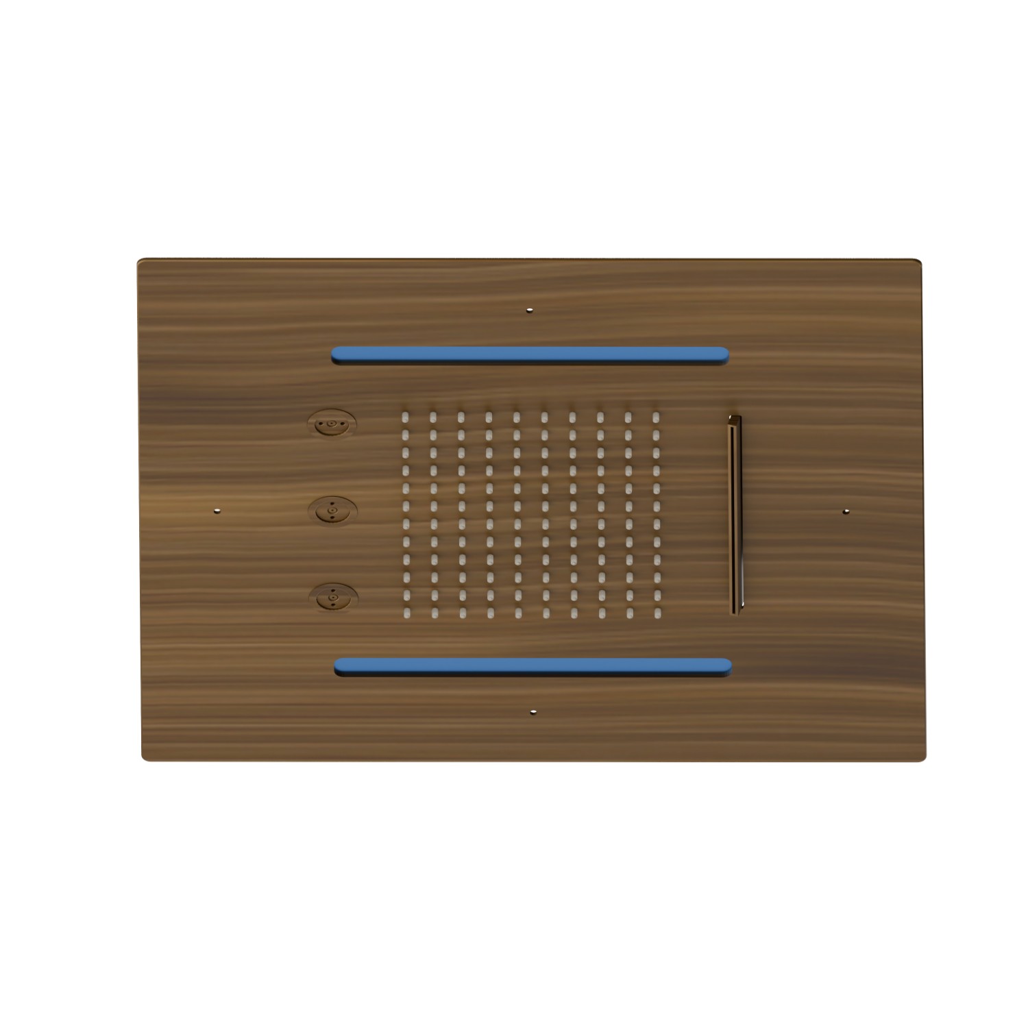 Soffione quadro ad incasso in acciaio con getto a pioggia, getto a cascata, atomizzatori e sistema di illuminazione multicolore automatico.
400x400 mm. - finitura Groove Bronze