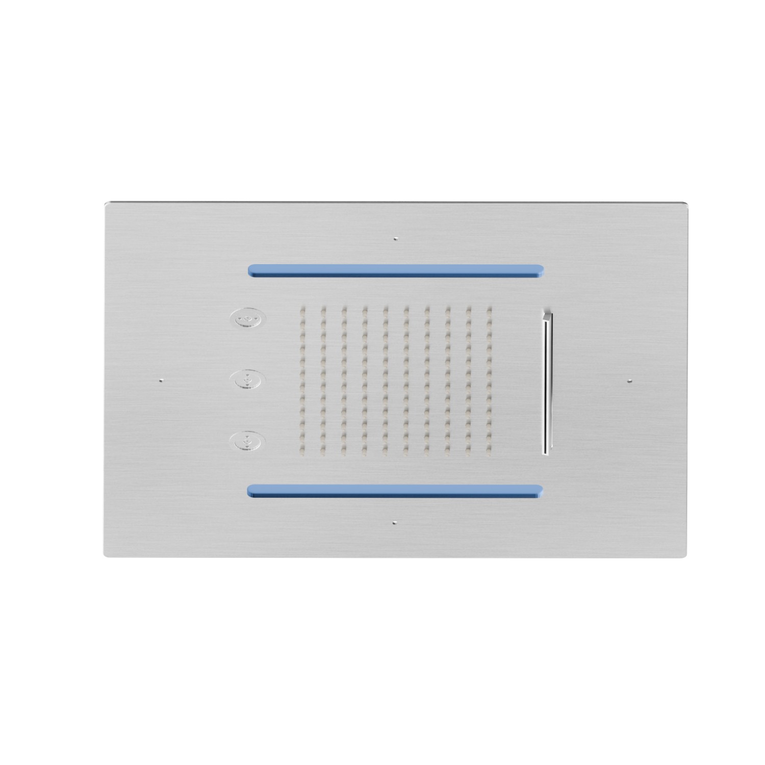 Soffione quadro ad incasso in acciaio con getto a pioggia, getto a cascata, atomizzatori e sistema di illuminazione multicolore automatico.
400x400 mm. - finitura Acciaio Inox