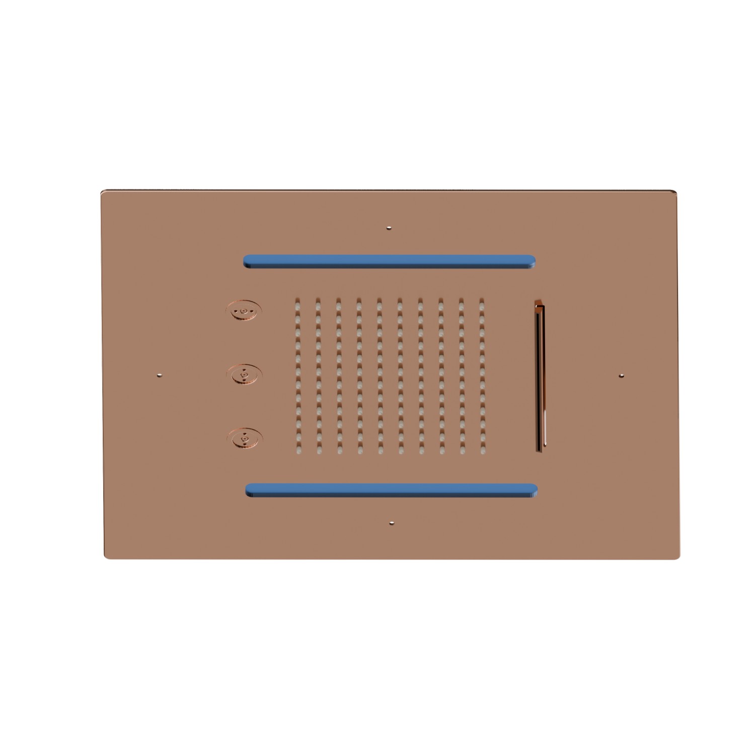 Soffione quadro ad incasso in acciaio con getto a pioggia, getto a cascata, atomizzatori e sistema di illuminazione multicolore automatico.
400x400 mm. - finitura PVD Copper Bronze