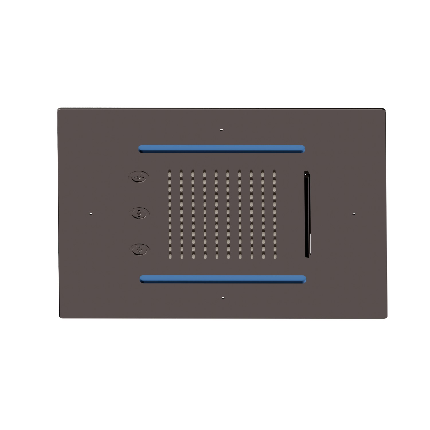 Soffione quadro ad incasso in acciaio con getto a pioggia, getto a cascata, atomizzatori e sistema di illuminazione multicolore automatico.
400x400 mm. - finitura PVD Gun Metal