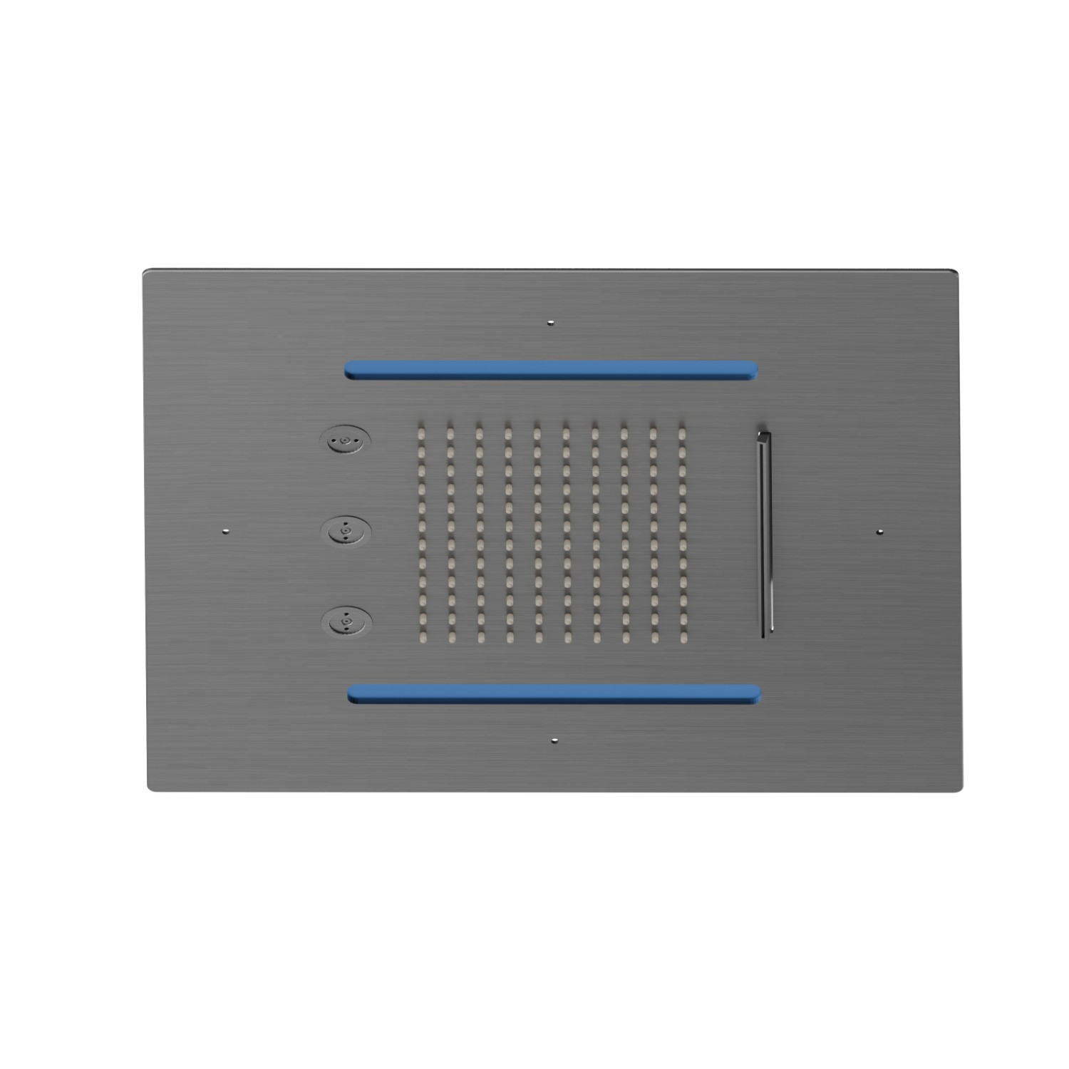 Soffione quadro ad incasso in acciaio con getto a pioggia, getto a cascata, atomizzatori e sistema di illuminazione multicolore automatico.
400x400 mm. - finitura PVD Brushed Gun Metal