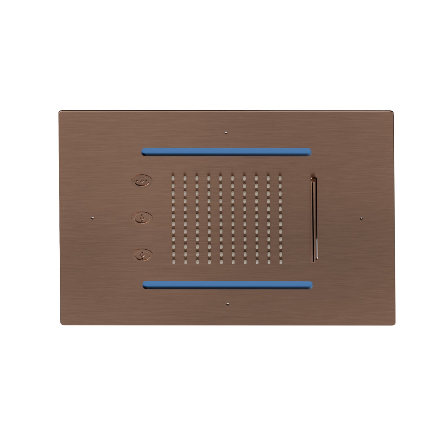 Soffione quadro ad incasso in acciaio con getto a pioggia, getto a cascata, atomizzatori e sistema di illuminazione multicolore automatico.
400x400 mm. - finitura PVD Brushed Copper Bronze