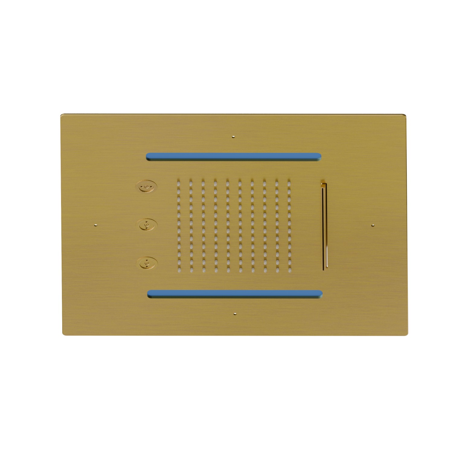 Soffione quadro ad incasso in acciaio con getto a pioggia, getto a cascata, atomizzatori e sistema di illuminazione multicolore automatico.
400x400 mm. - finitura PVD Brushed Gold