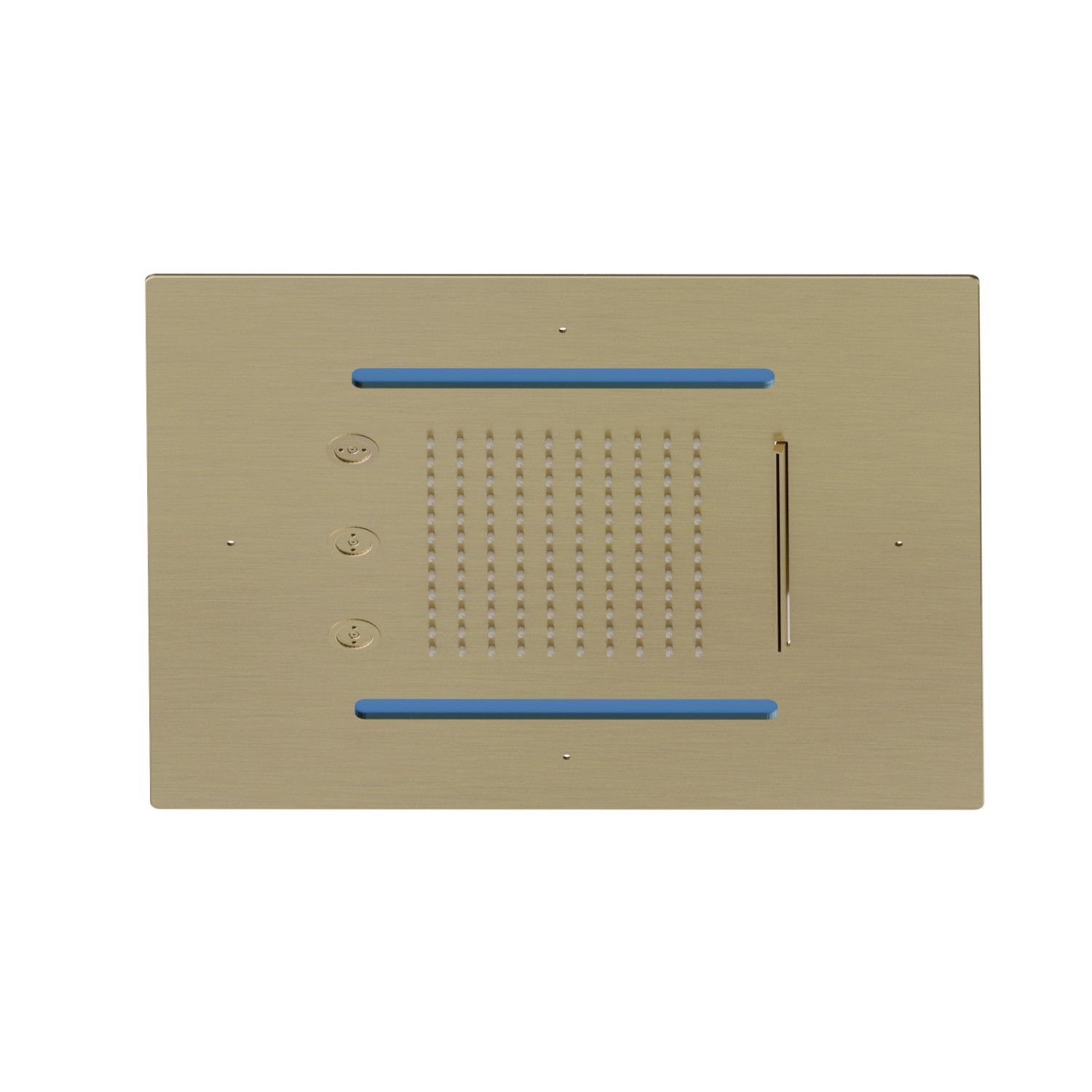 Soffione quadro ad incasso in acciaio con getto a pioggia, getto a cascata, atomizzatori e sistema di illuminazione multicolore automatico.
400x400 mm. - finitura PVD Brushed Pale Gold