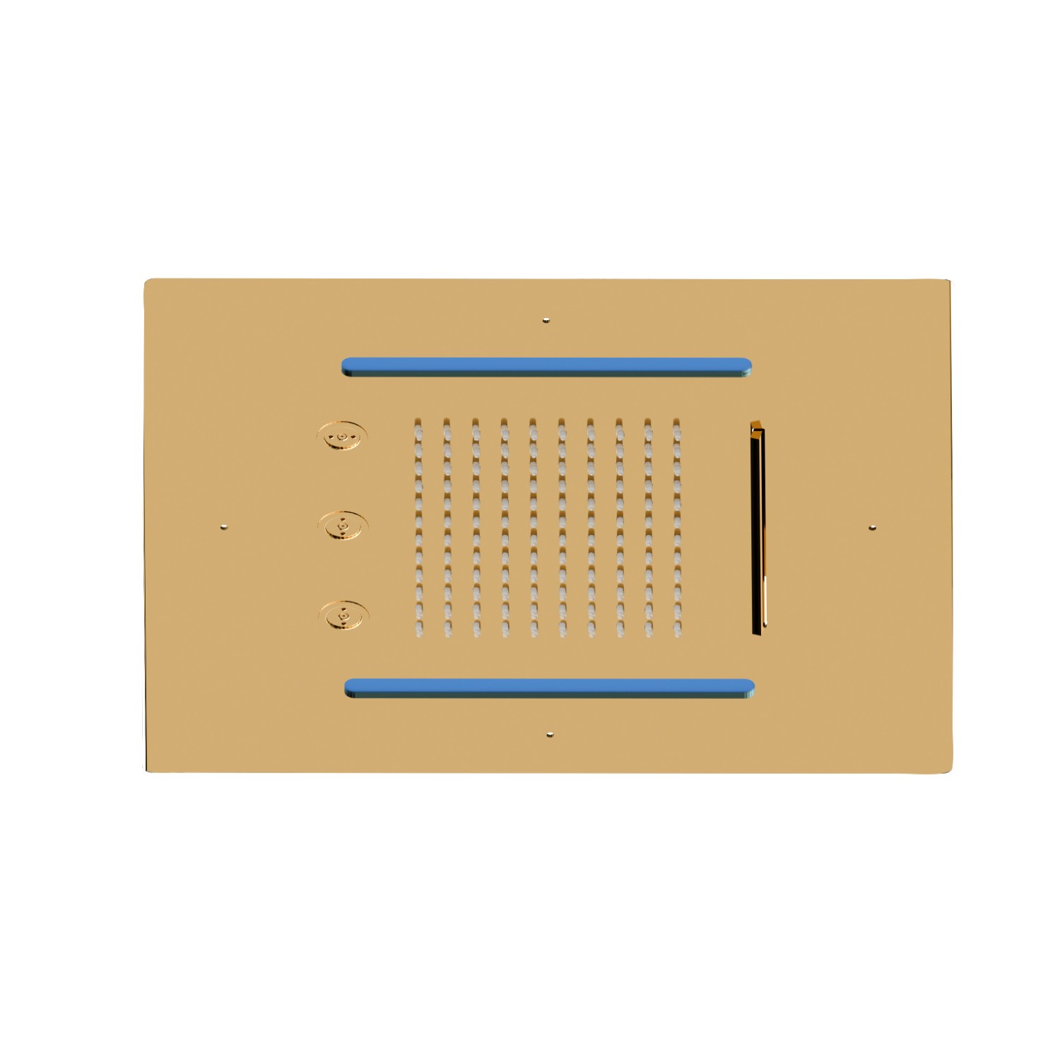 Soffione quadro ad incasso in acciaio con getto a pioggia, getto a cascata, atomizzatori e sistema di illuminazione multicolore automatico.
400x400 mm. - finitura PVD Glossy Gold