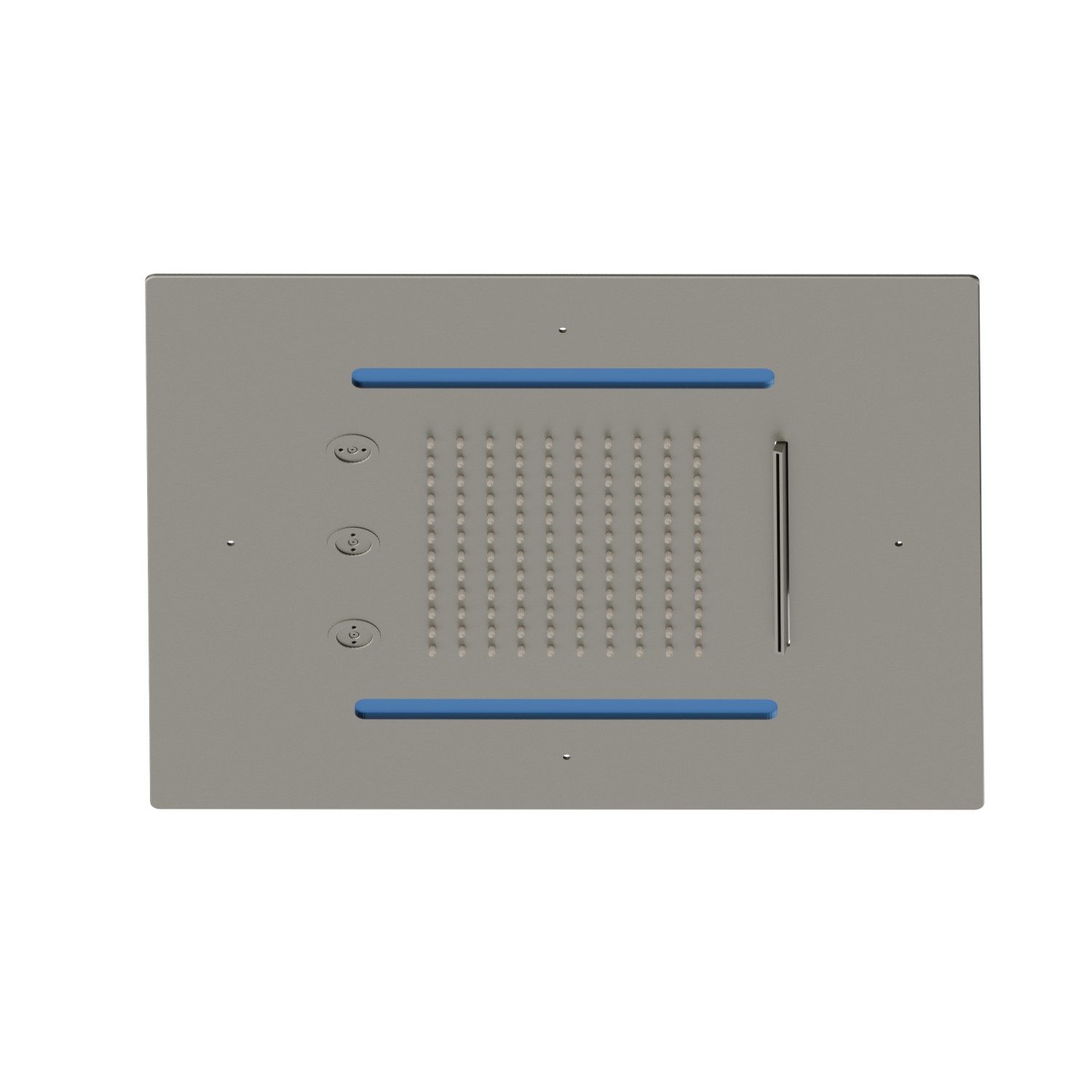 Soffione quadro ad incasso in acciaio con getto a pioggia, getto a cascata, atomizzatori e sistema di illuminazione multicolore automatico.
400x400 mm. - finitura Titanium Satin