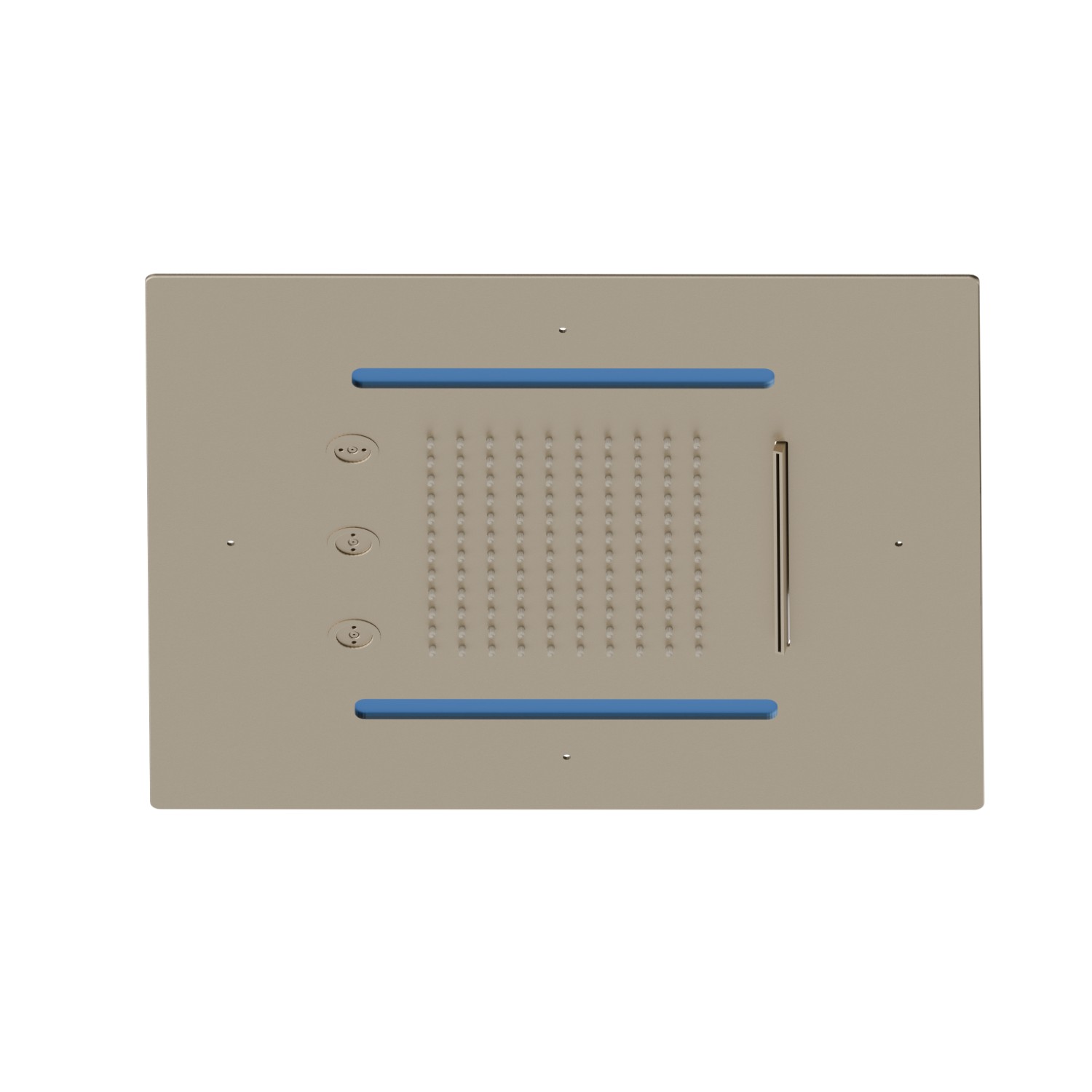 Soffione quadro ad incasso in acciaio con getto a pioggia, getto a cascata, atomizzatori e sistema di illuminazione multicolore automatico.
400x400 mm. - finitura Gold Satin