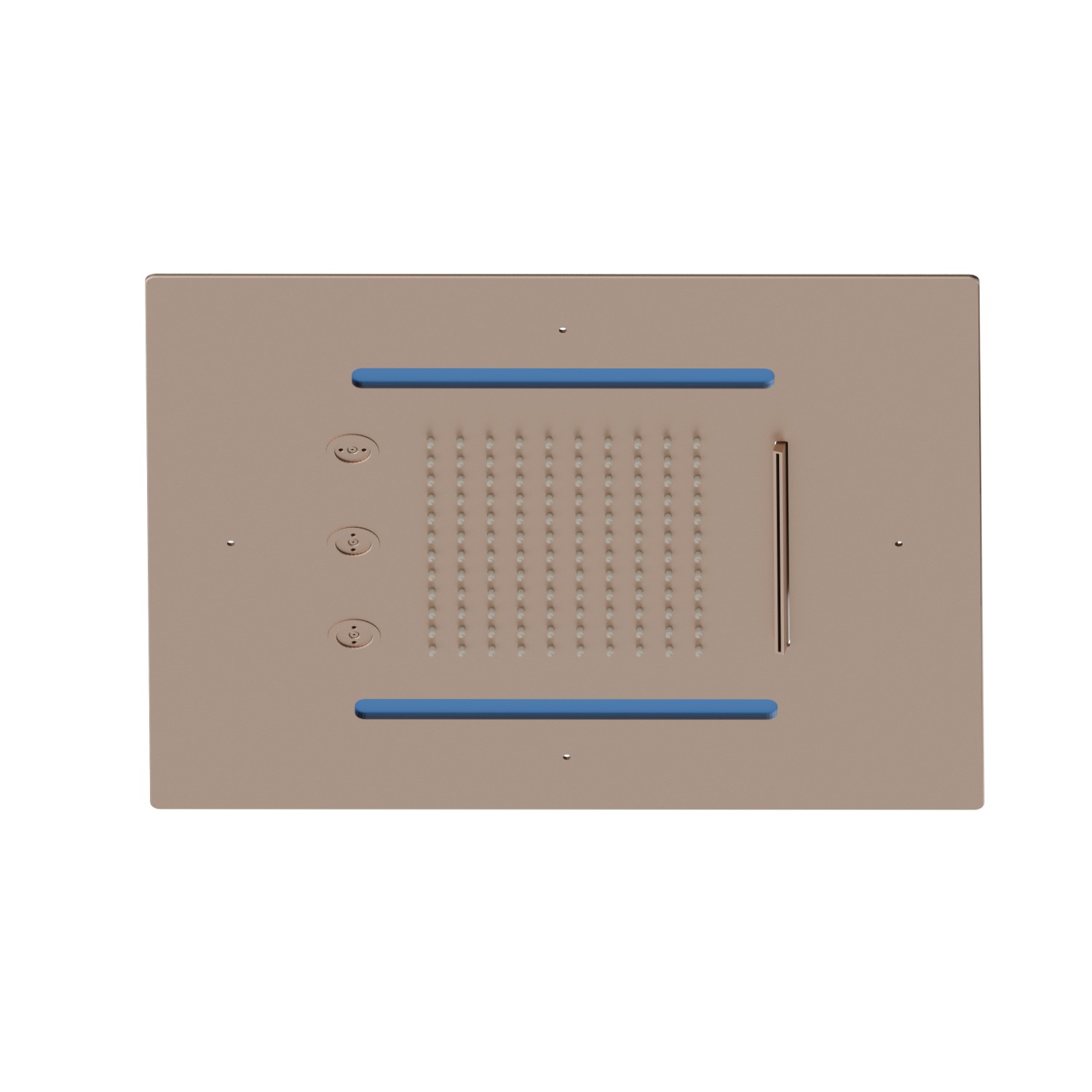 Soffione quadro ad incasso in acciaio con getto a pioggia, getto a cascata, atomizzatori e sistema di illuminazione multicolore automatico.
400x400 mm. - finitura Copper Satin