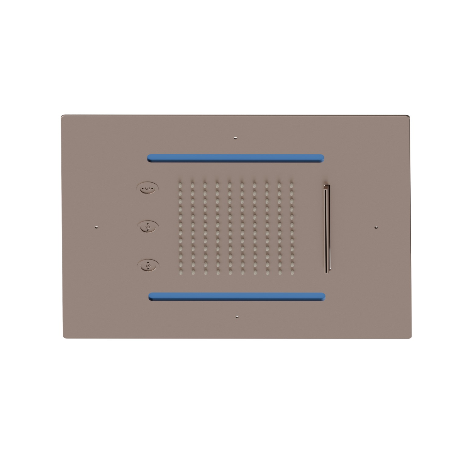 Soffione quadro ad incasso in acciaio con getto a pioggia, getto a cascata, atomizzatori e sistema di illuminazione multicolore automatico.
400x400 mm. - finitura Copper Glossy